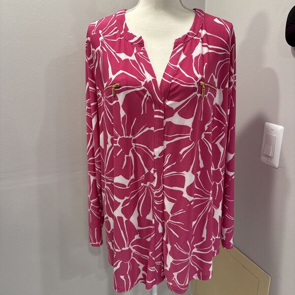 I.N.C. Pink Floral Blouse Size 3X Pink Long Sleeve Collared V Neck Zipper Faux - Picture 1 of 8